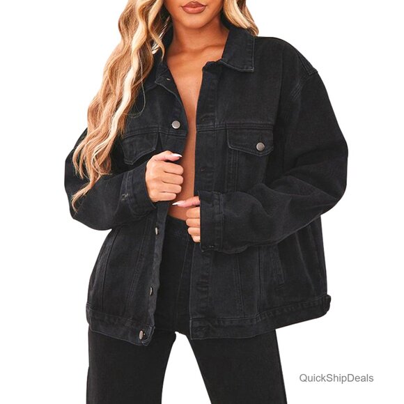 Oversized Distressed Denim Jacket Women's Long Sleeve Button Front Loose Fit